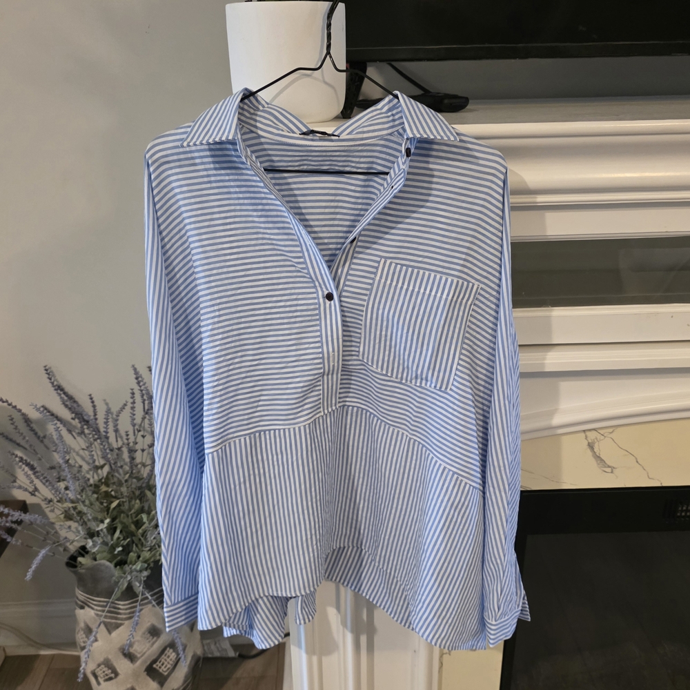 White and Blue Boxy Long Sleeve Button Down Shirt